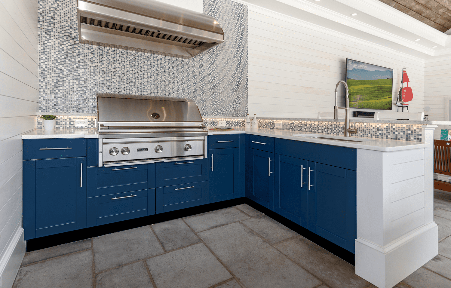Outdoor Kitchen w Blue Trex Cabinetry w Mosiac Backsplash, Calabasas