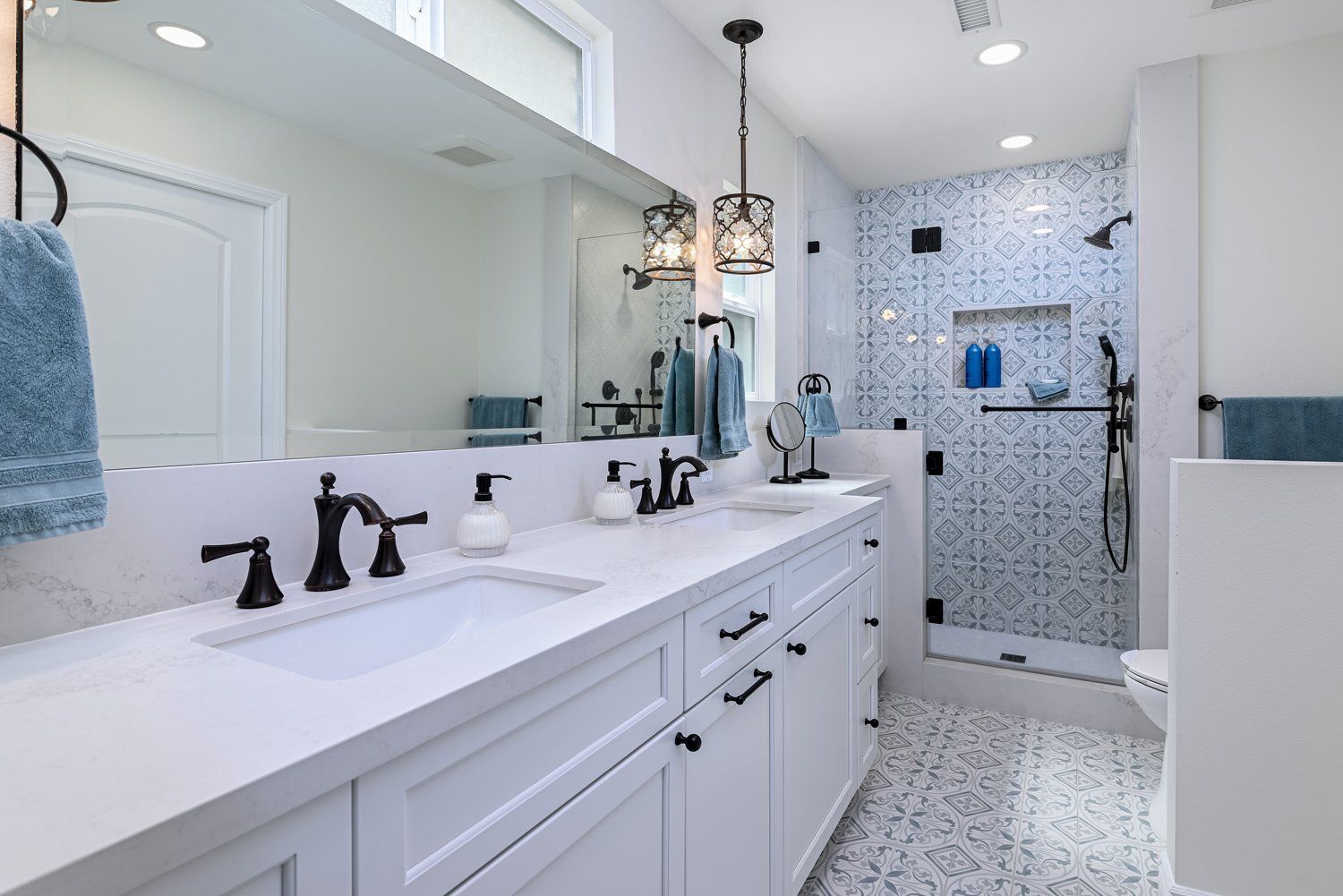 primary-master bathroom remodel, Thousand Oaks, CA- Full Access white painted vanity by Omega Cabinetry, Casaerstone white quartz counter