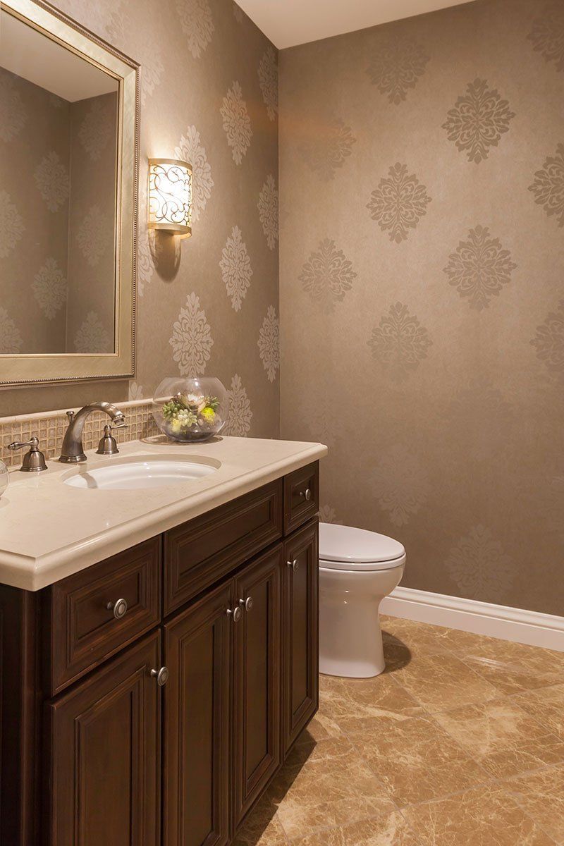 Durasupreme Cabinetry & Tasteful Wall Paper in Powder Bathroom Remodel, Westlake Village