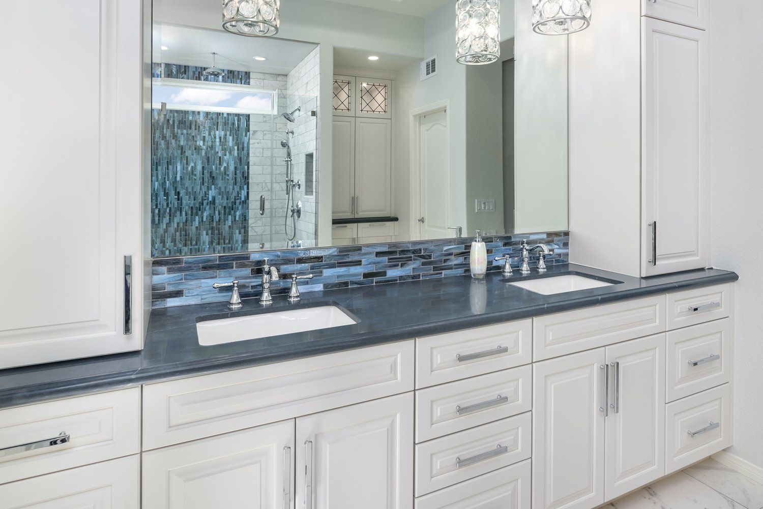 White Cabinetry, Shimmery Tile, Master Bathroom Remodel , Newbury Park