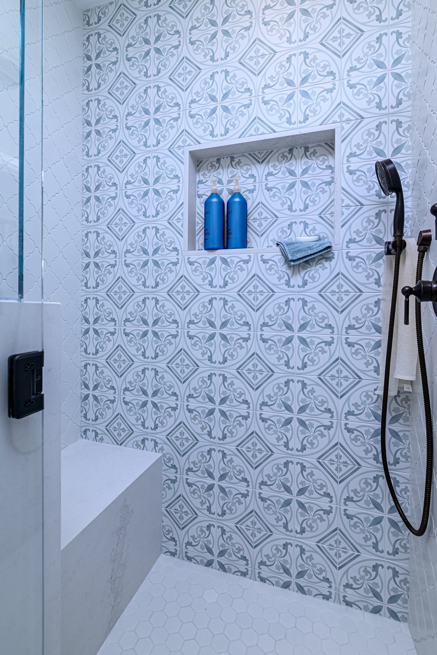 Shampoo Niche, Shower Bench and Shower Wand in  Thousand Oaks primary-master bathroom shower remodel 