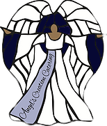 The logo for angel 's creative catering is a stained glass angel with wings.