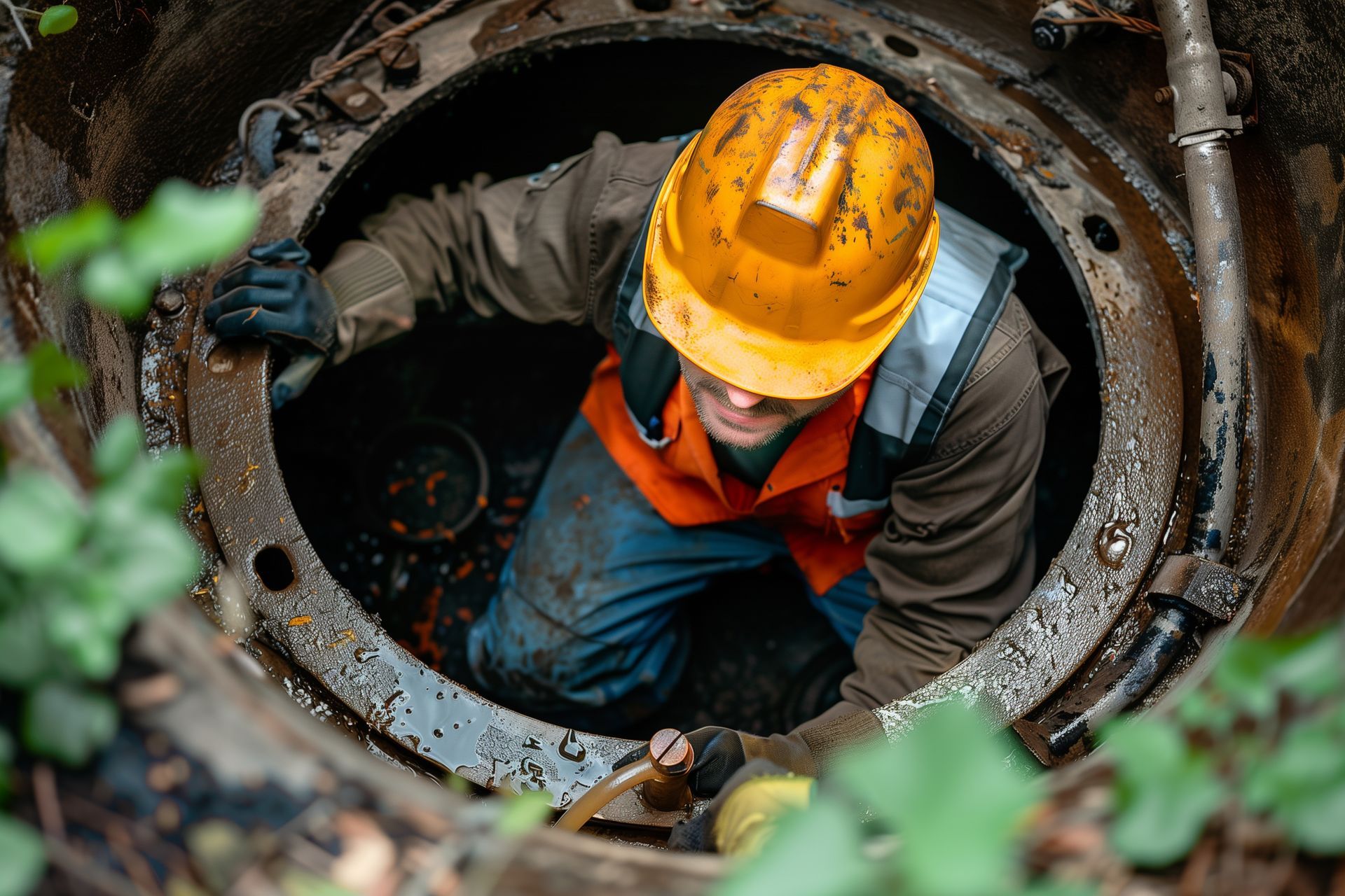 A technician performing commercial septic tank cleaning inside a commercial septic system tank.
