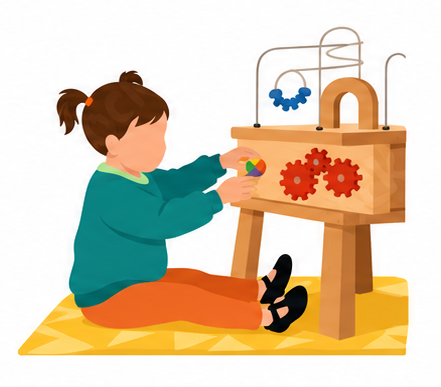 Child sitting on a sunlit carpet playing with colorful wooden alphabet blocks