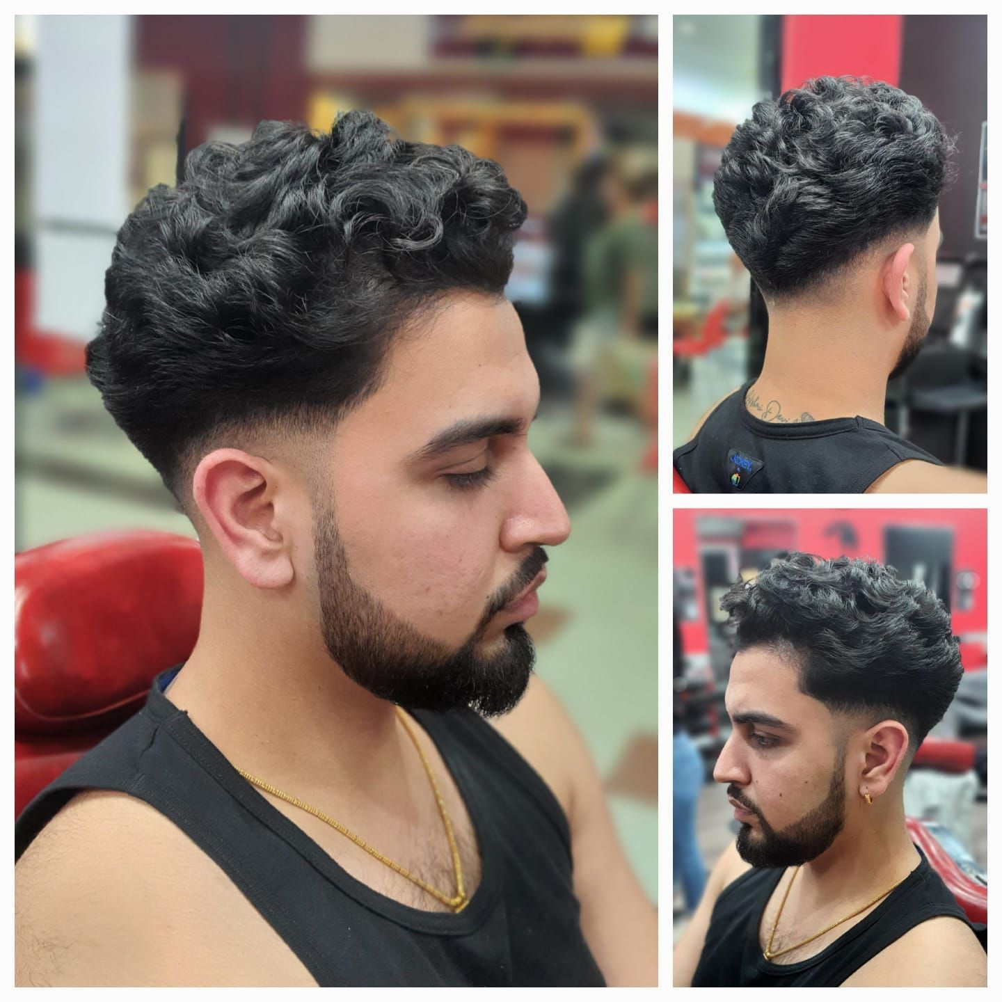 A Man With Curly Hair and a Beard is Wearing a Black Tank Top — Hair Obsession Barber in Nightcliff, NT