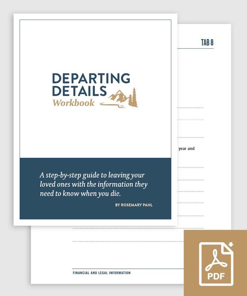 The cover of the Departing Details Workbook with a page behind it