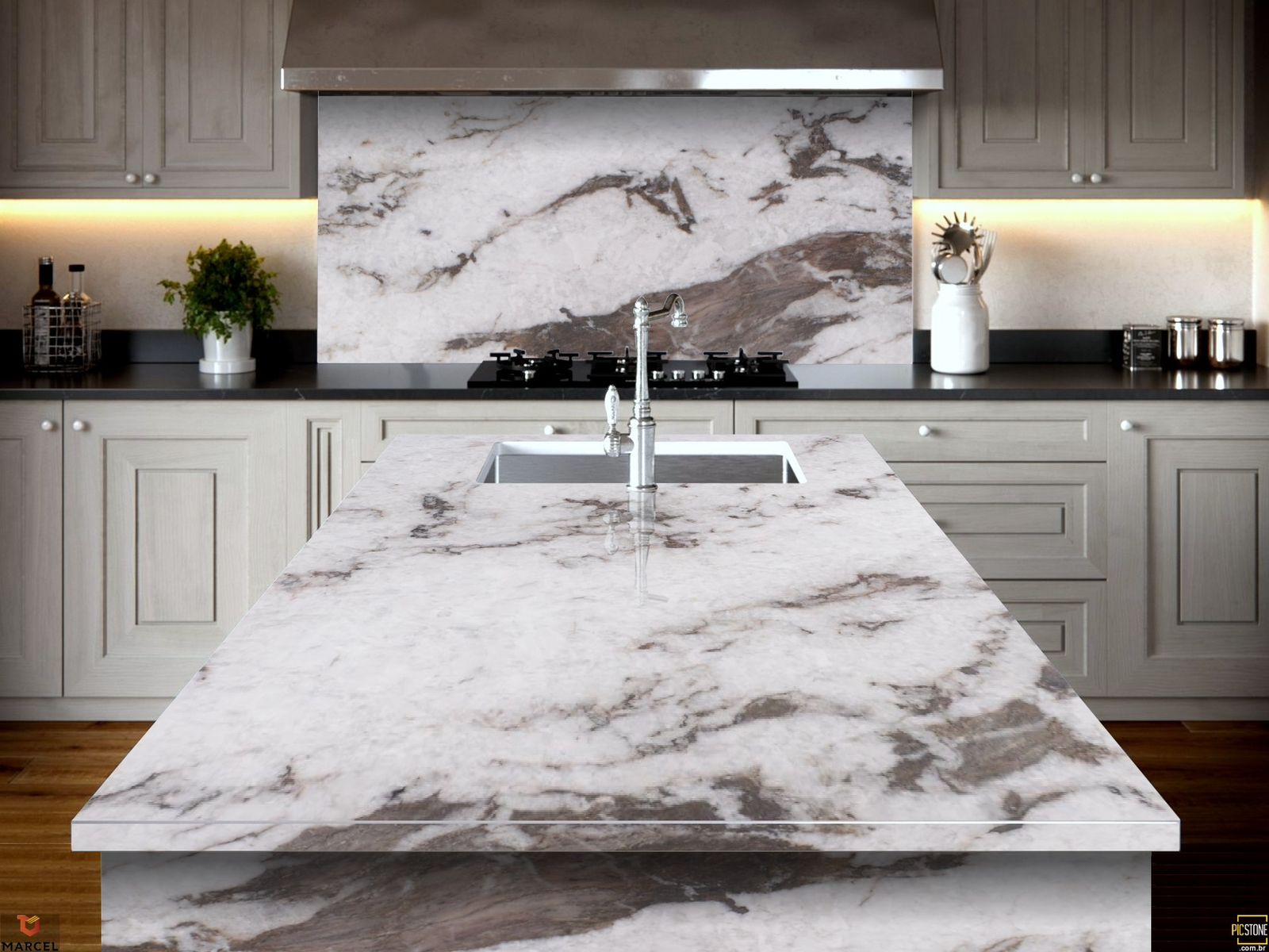 A kitchen with a large island and a sink.