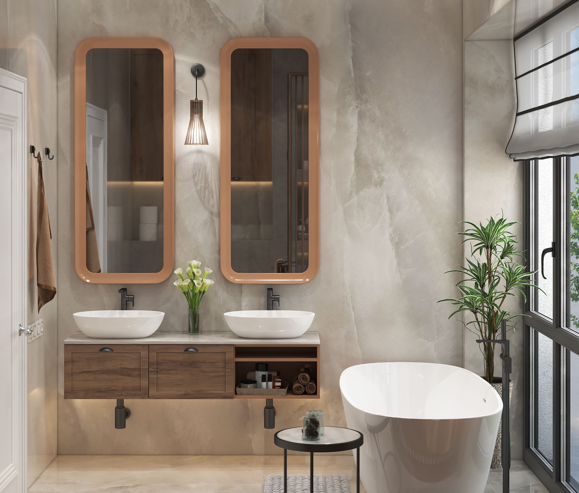 A bathroom with two sinks , two mirrors and a tub.