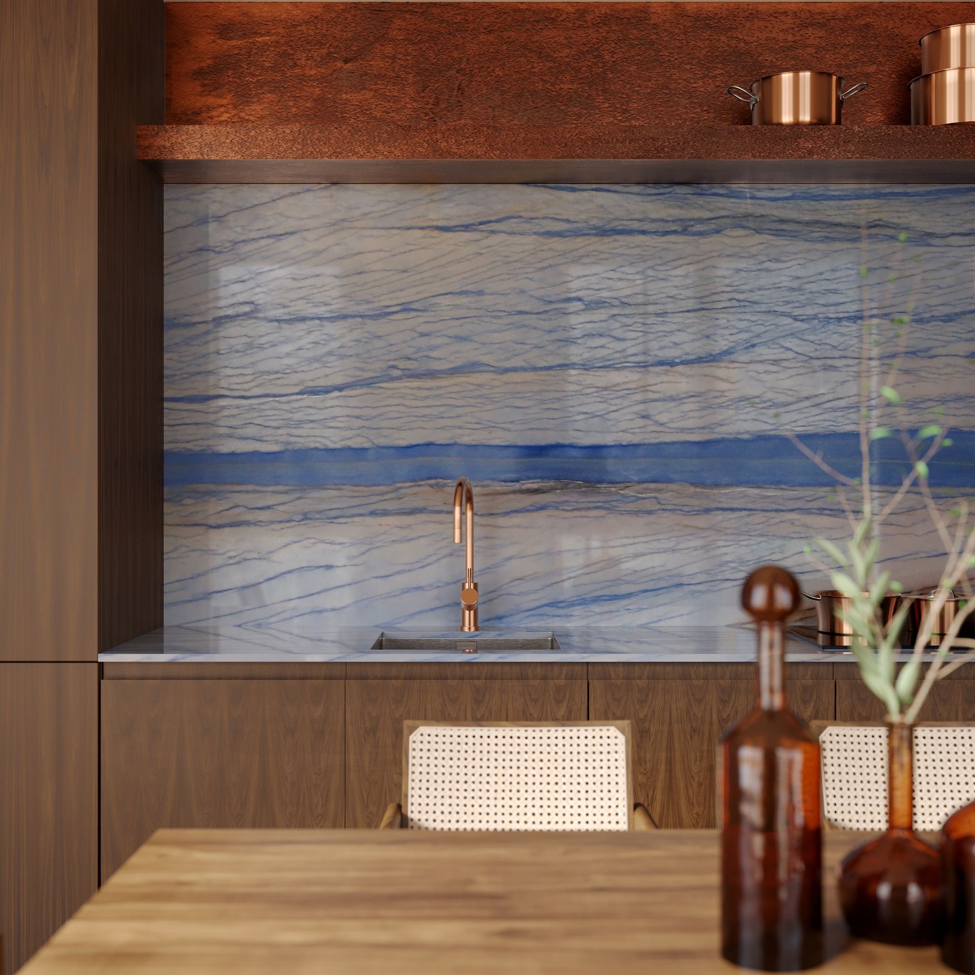 A kitchen with a sink and a table with vases on it