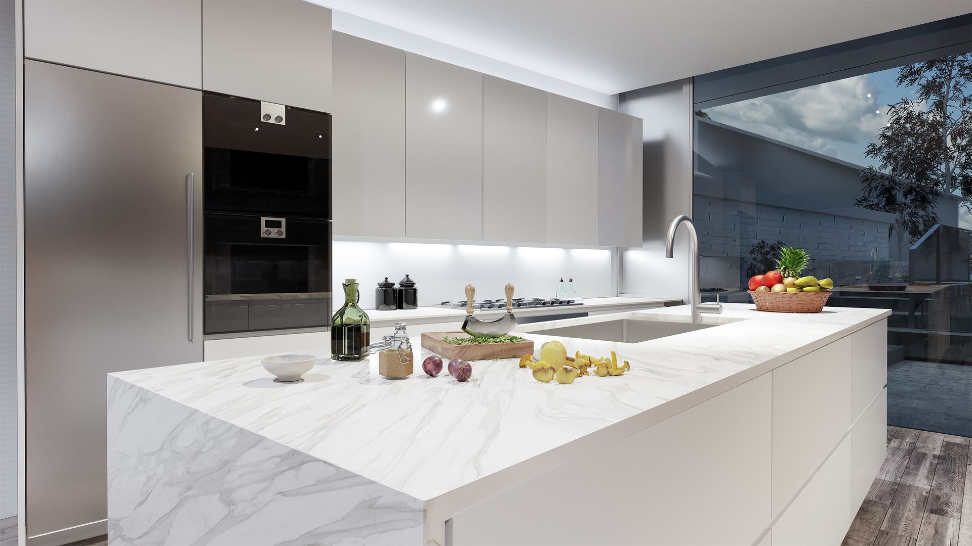 A kitchen with a large island and a sink.