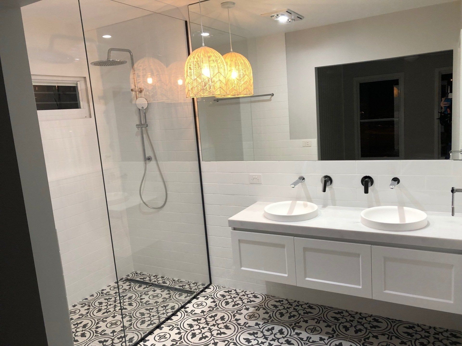 A Bathroom With Two Sinks and a Walk in Shower — Rooney Glass in Coffs Harbour, NSW