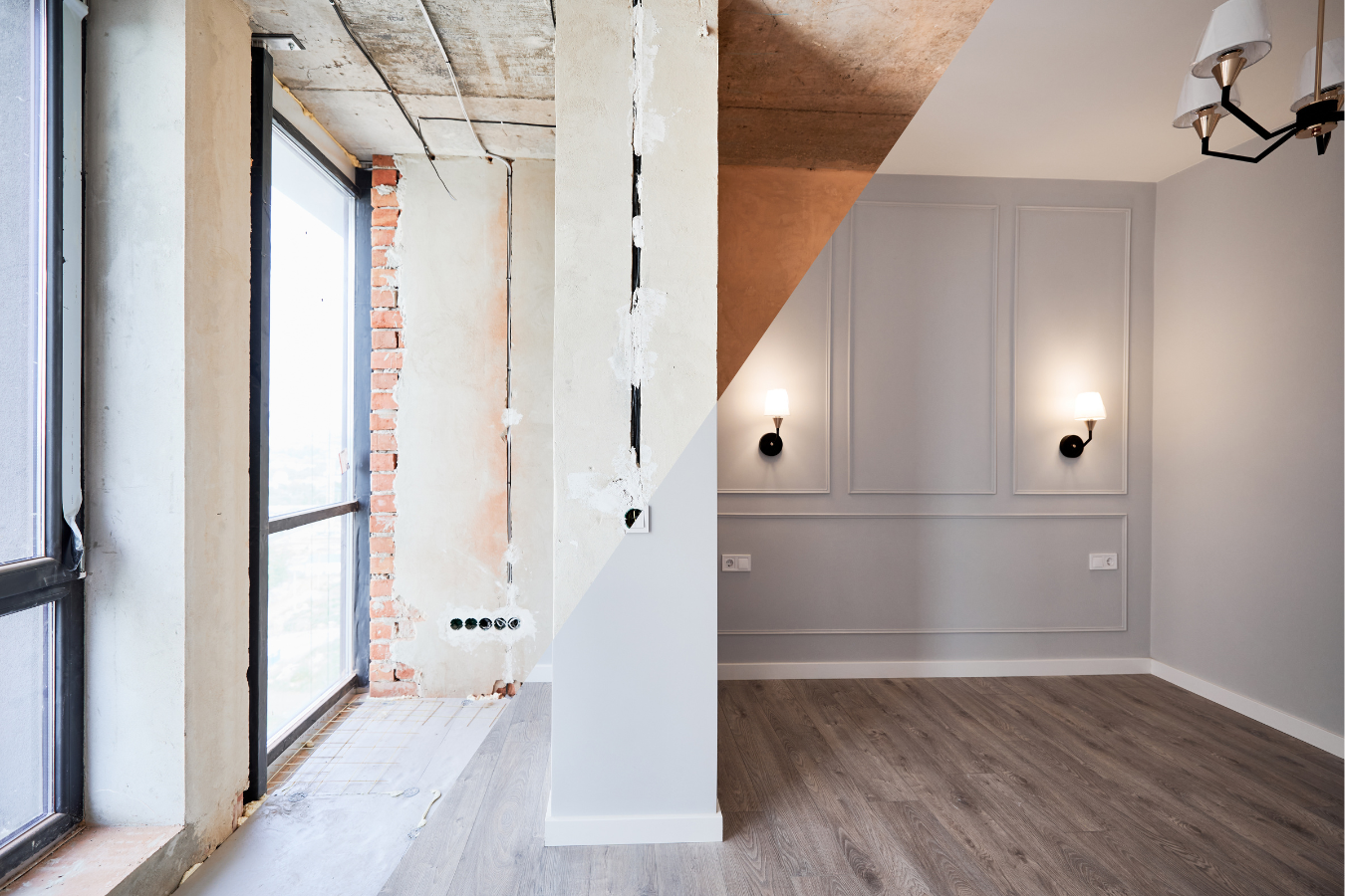 Renovated room with exposed brick and paneling, large window, neutral colors.