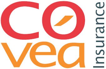 Covea Insurance logo: red and orange text with a compass-like design in the "O". Text "Insurance" vertically beside it.
