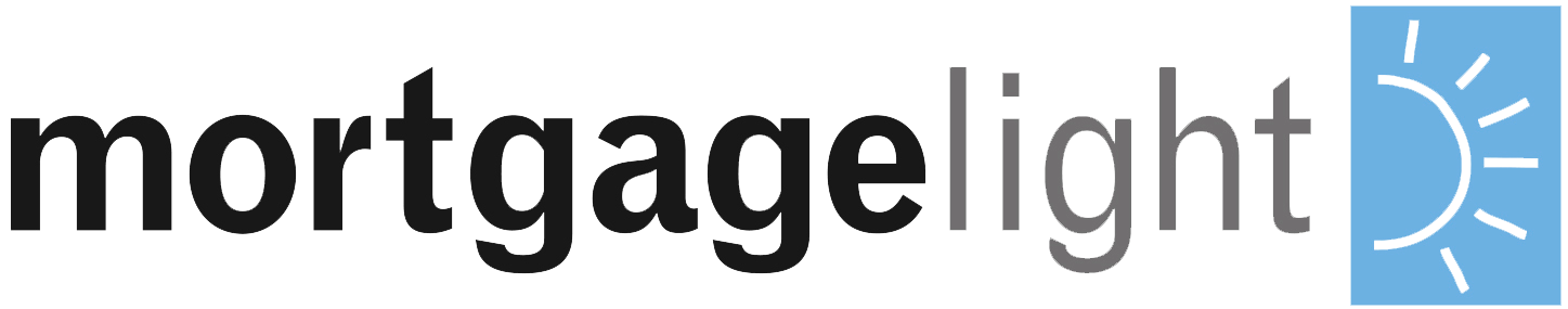 Mortgage Light logo: Black and gray text with a sun graphic in a blue square.