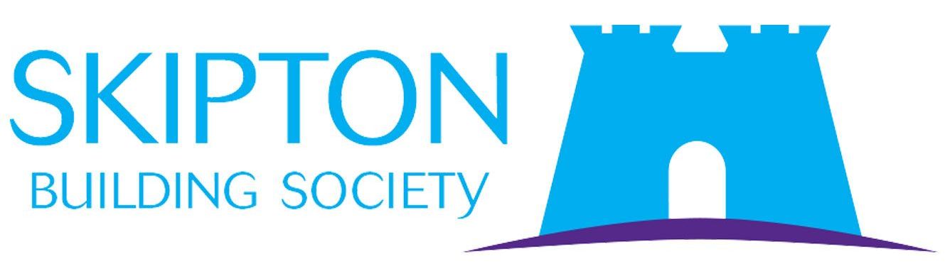 Logo for Skipton Building Society, featuring blue text and a blue castle icon on a purple arc.