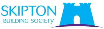 Skipton Building Society logo with blue text and castle icon on a purple base.