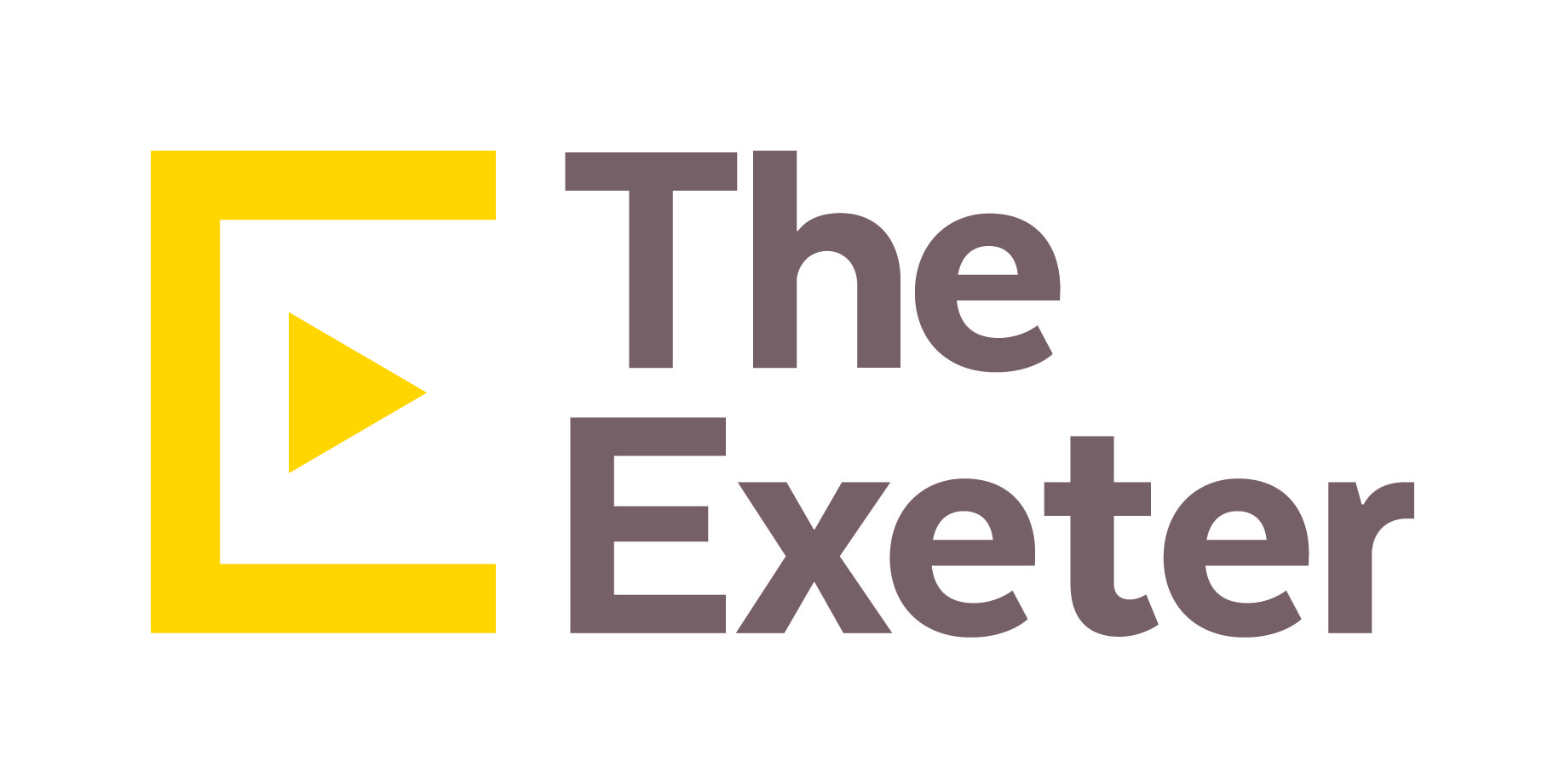 Logo for The Exeter, with a yellow square and play button icon, and grey text.