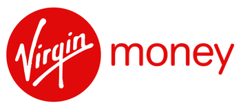 Virgin Money logo: White cursive "Virgin" in a red circle, "money" to the right in red.