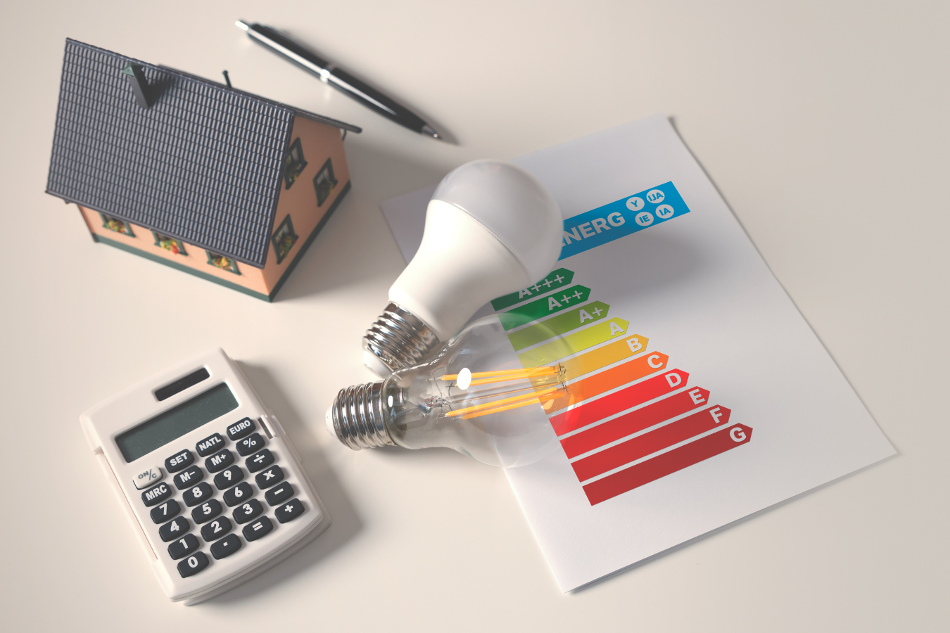 A miniature house, calculator, light bulbs, energy efficiency chart, and pen on a white surface.