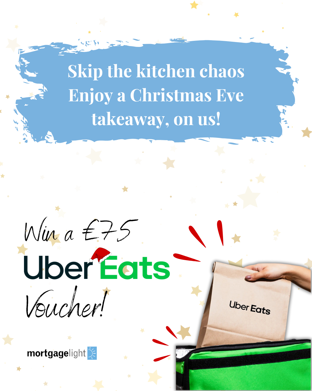 Ad for a giveaway of a €75 Uber Eats voucher. Blue text on a white background, a person holding an Uber Eats bag.