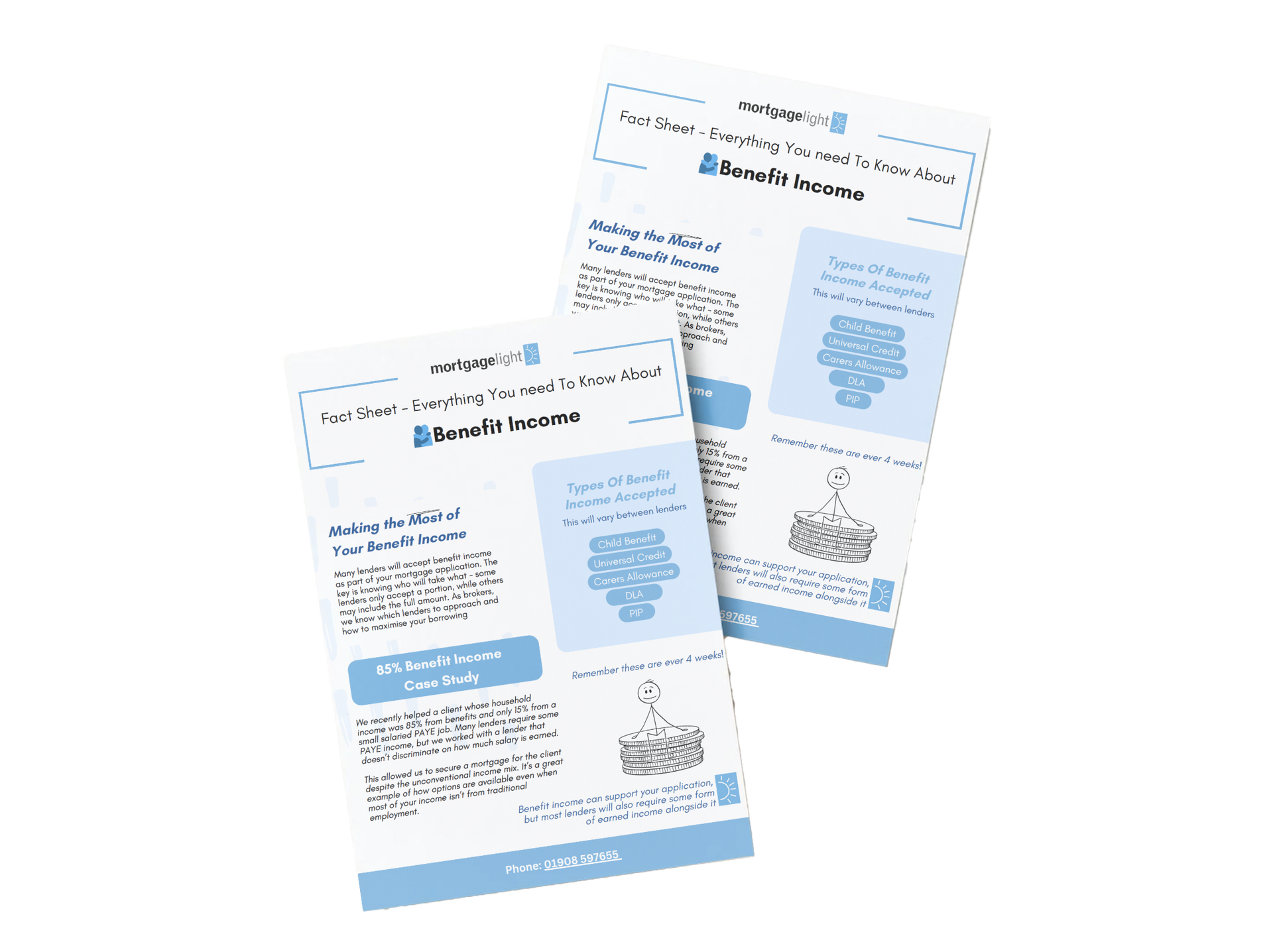 Two informational pages with blue accents, discussing reading skills and brain function.