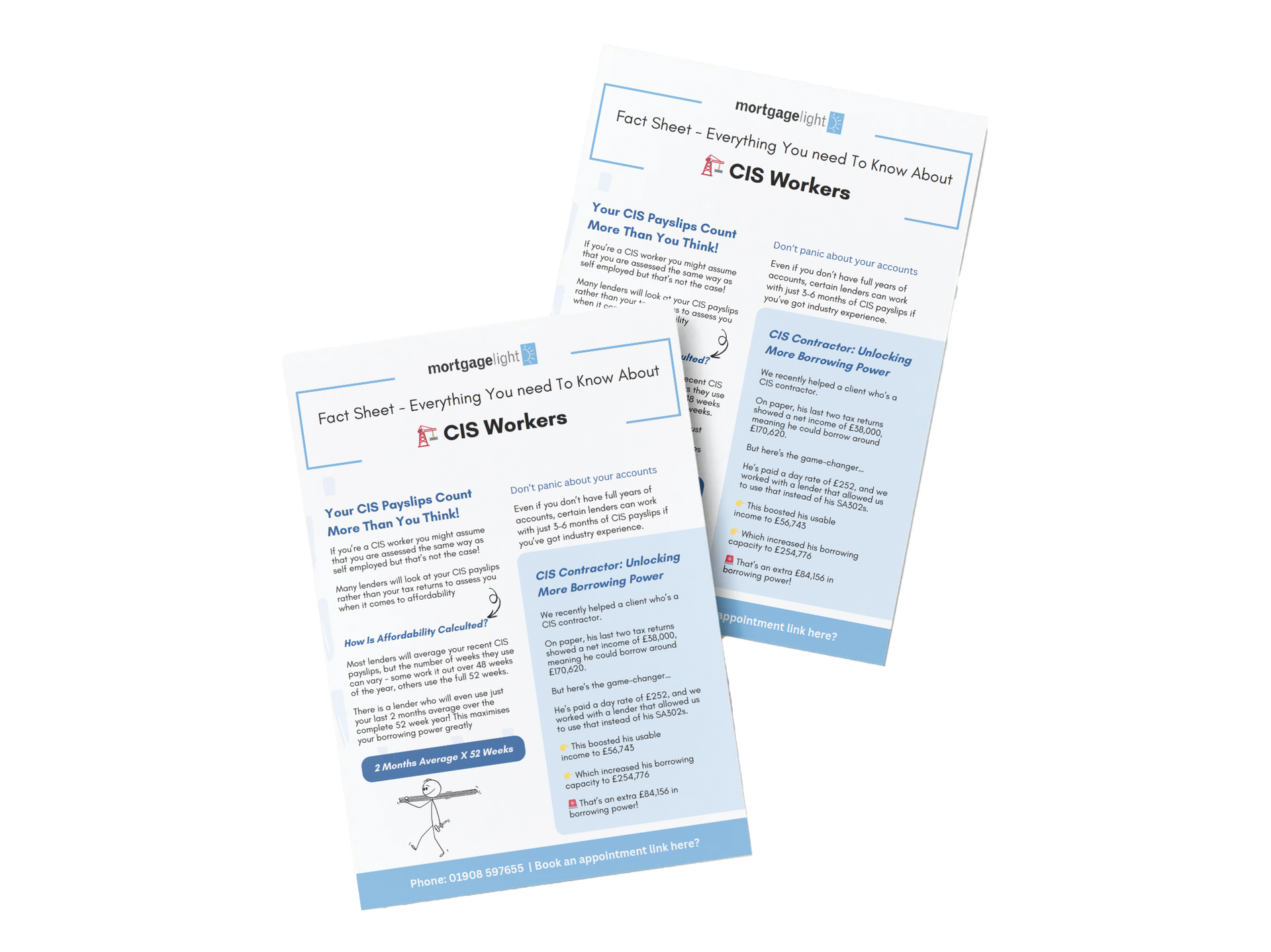Two light blue and white flyers, 