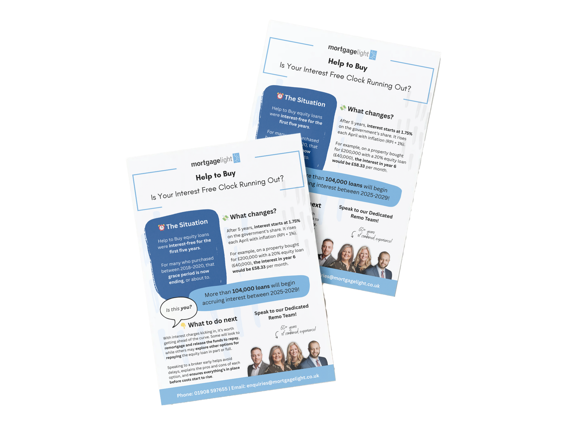 Two informational flyers with blue and white text on a white background.
