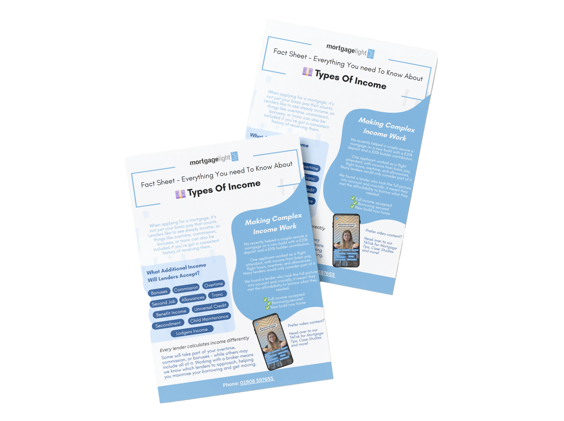 Two flyers with light blue accents and text about Types of Income.