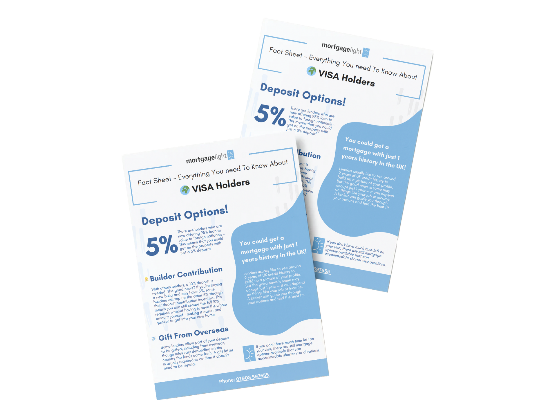 Two flyers with text, blue accents, and 
