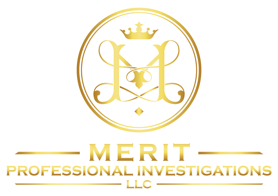 Gold logo for Merit Professional Investigations LLC: a monogram inside a circle, with a crown at the top; 
