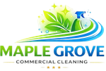 Maplewood Commercial Cleaning logo with maple leaf, cleaning spray bottles, bucket with soap bubbles, and water design.
