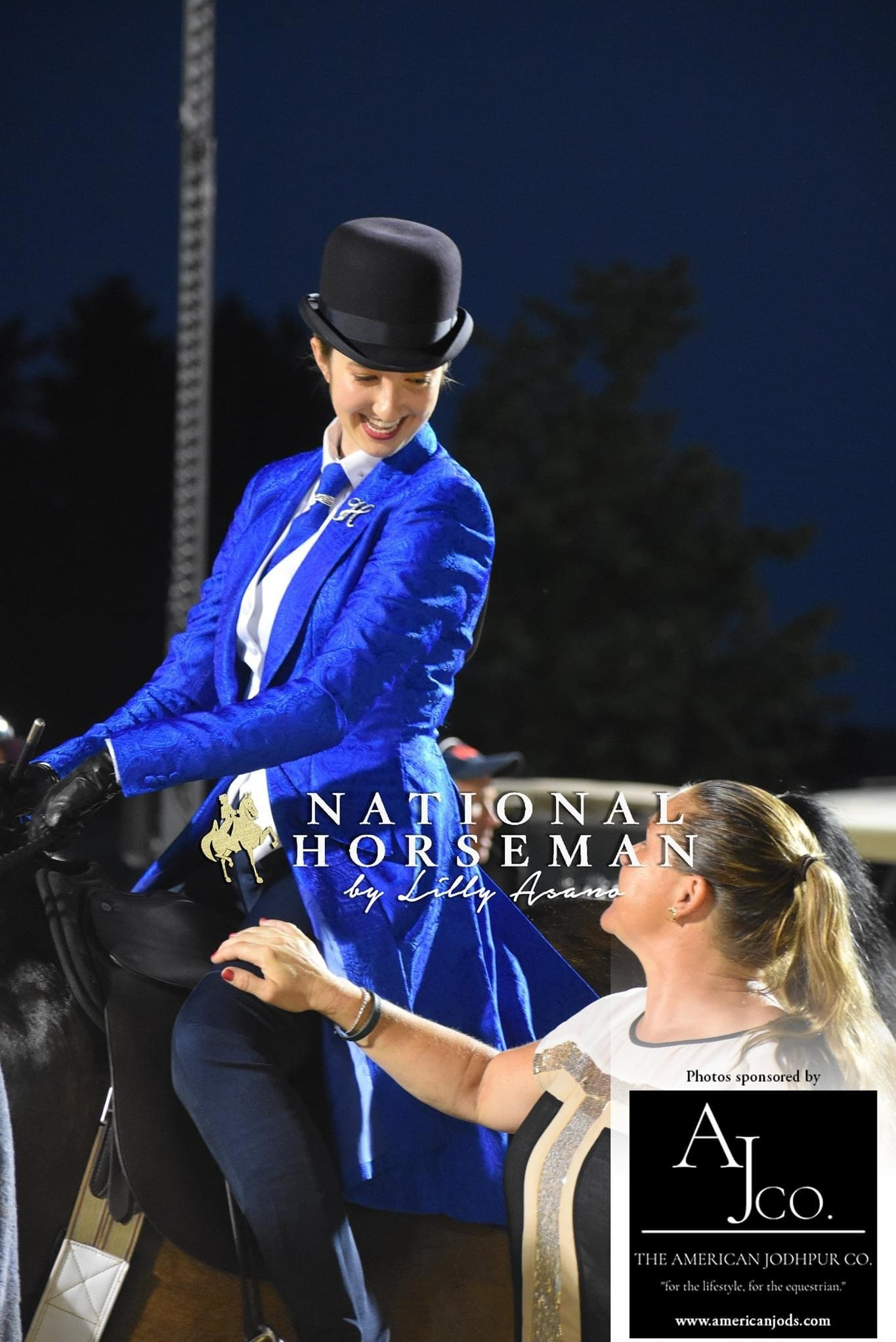 photo of teenage Lenux Stables rider sitting on horse and conversing with her instructor at horse show