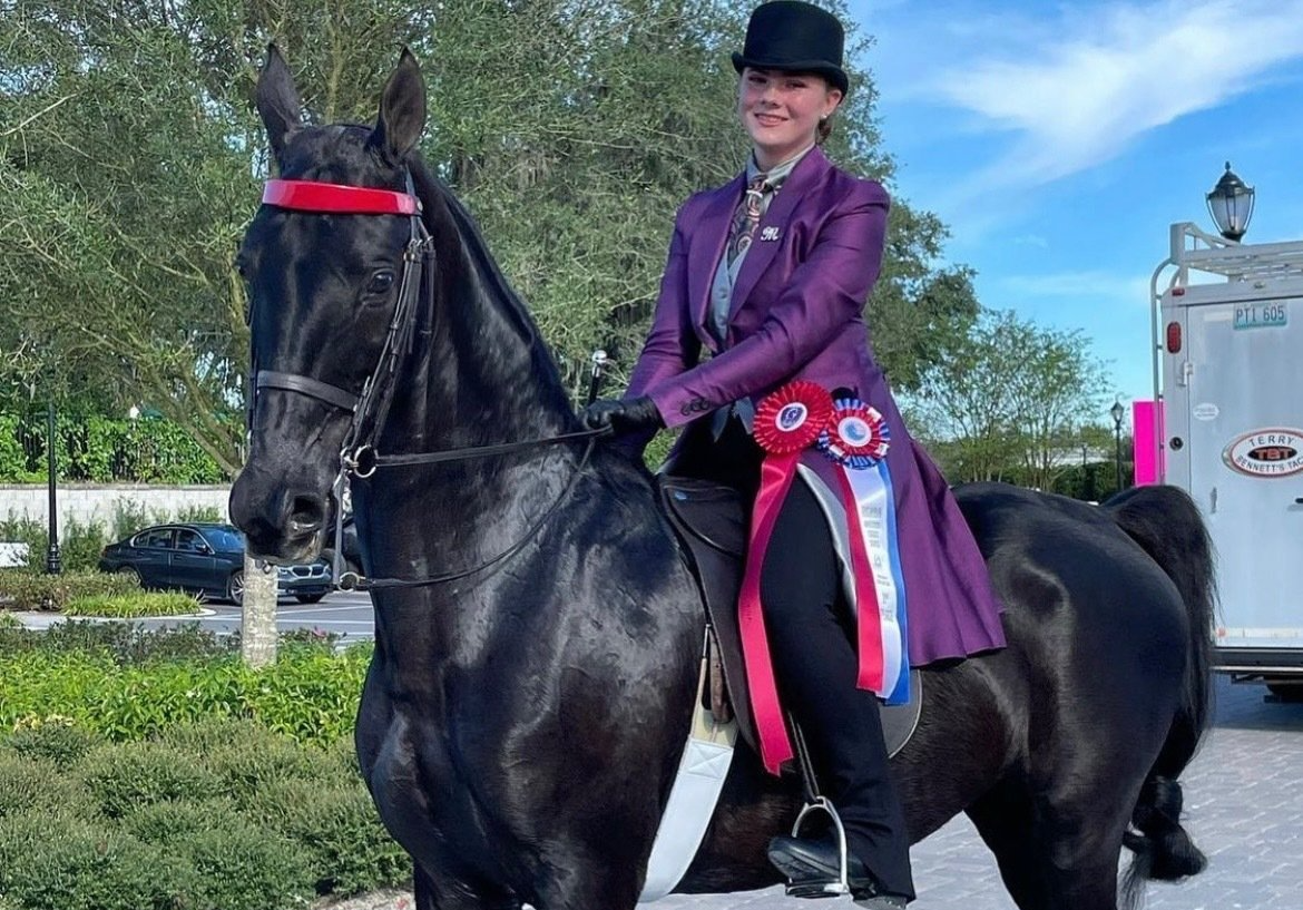 photo of smiling Lenux rider on horse after reserve finish in horse show class