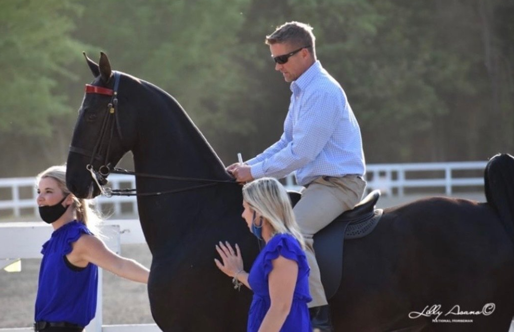 photo of Lenux trainer Quintus VanderSpuy and instructors Stephanie Bush and Lauren Riggins with American Saddlebred horse getting ready to warm up at horse show