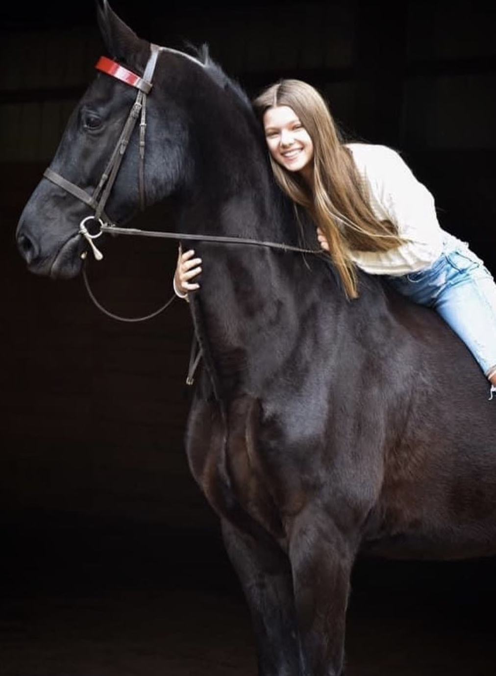 photo of girl sitting on and hugging black American Saddlebred ho