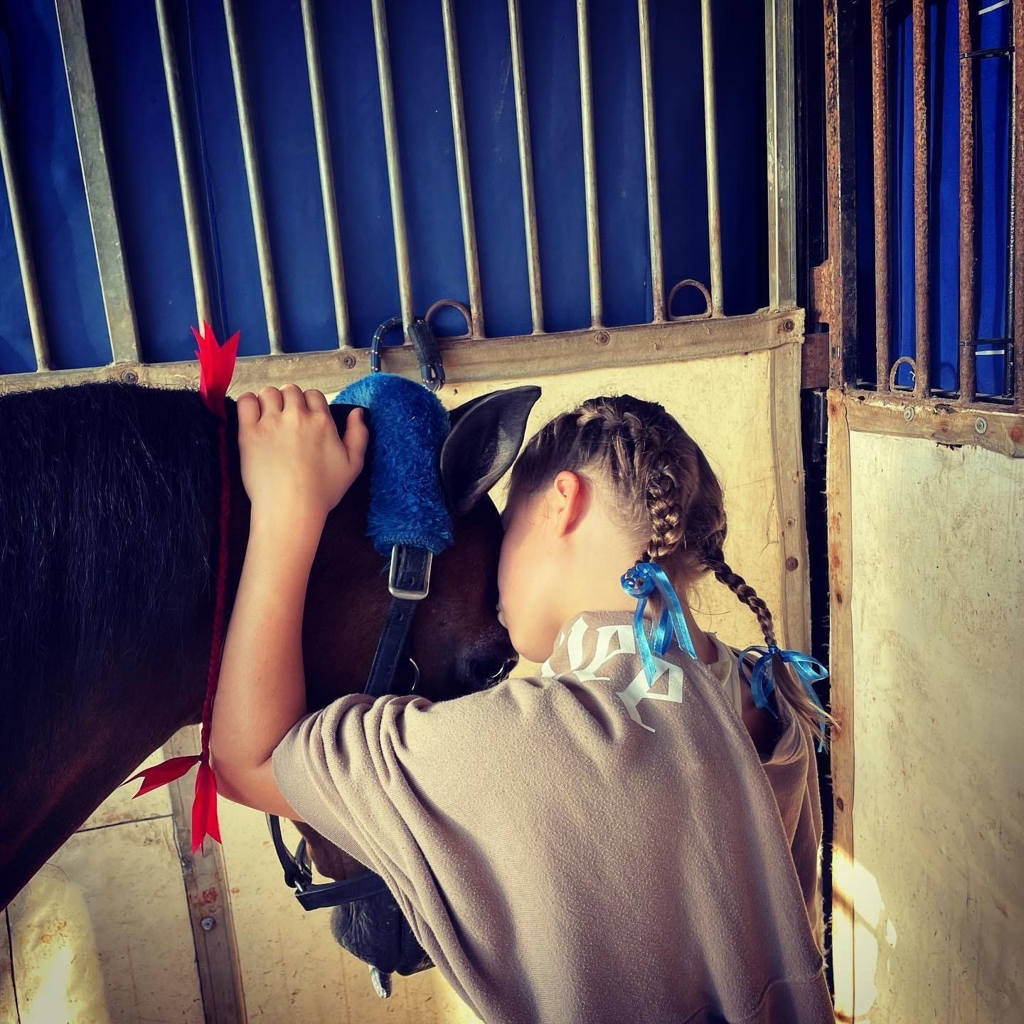 photo of Lenux Stables rider hugging her Hackney Pony in stall at horse show