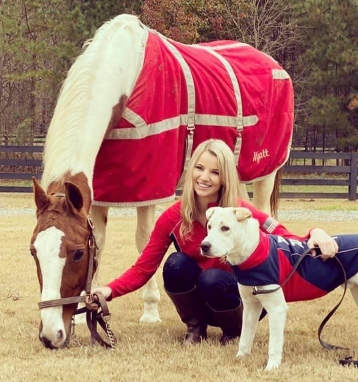 photo of Lenux Stables instructor Stephanie Bush with American Saddlebred horse and dog