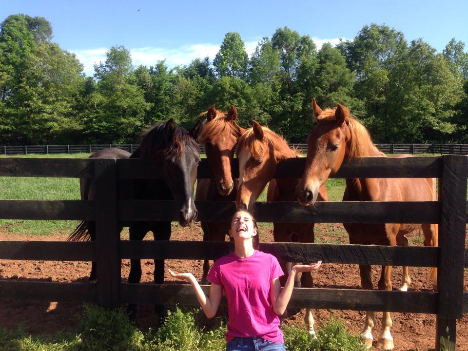 smiling teenage girl sitting beside rail fence with four horses behind fence