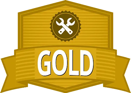 Gold award badge with crossed tools icon and the word “GOLD” on a ribbon banner