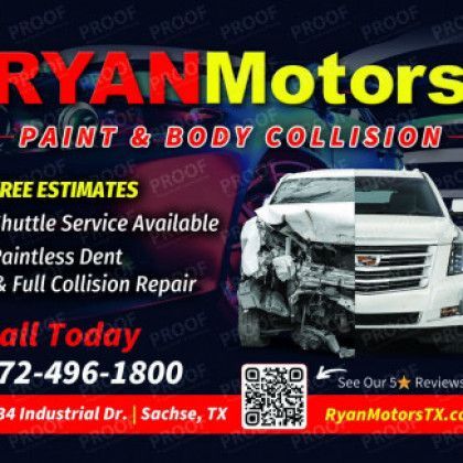 An advertisement for ryan motors paint and body collision.