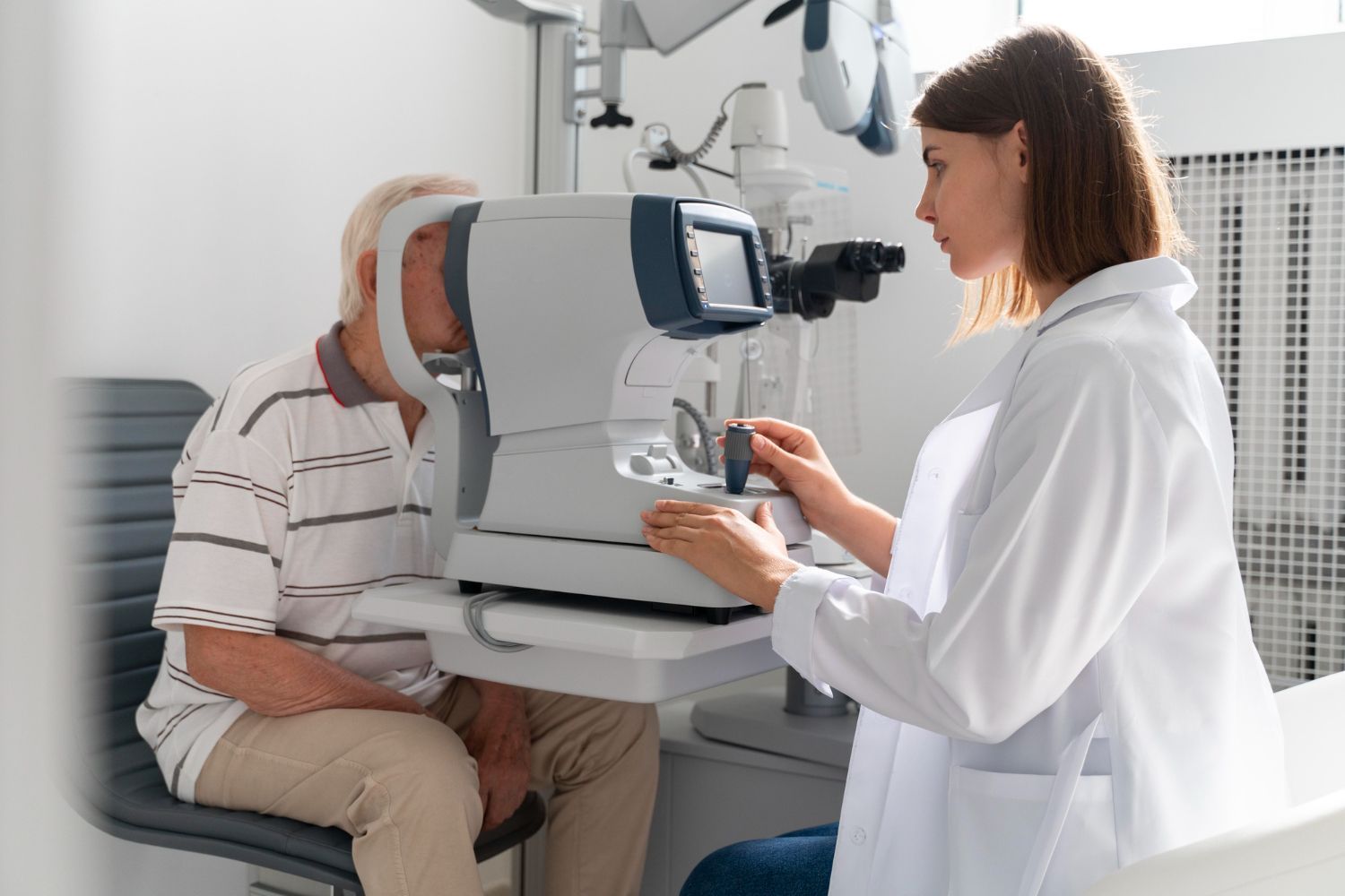 Optometrist examining a patient's eyes with a diagnostic machine in a clinic.