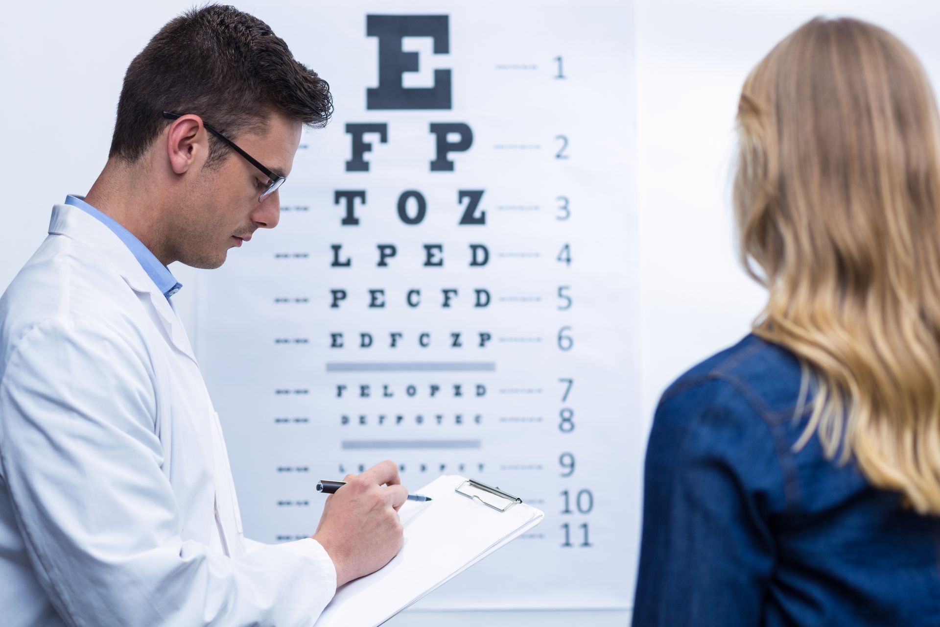 A doctor is writing on a clipboard in front of an eye chart