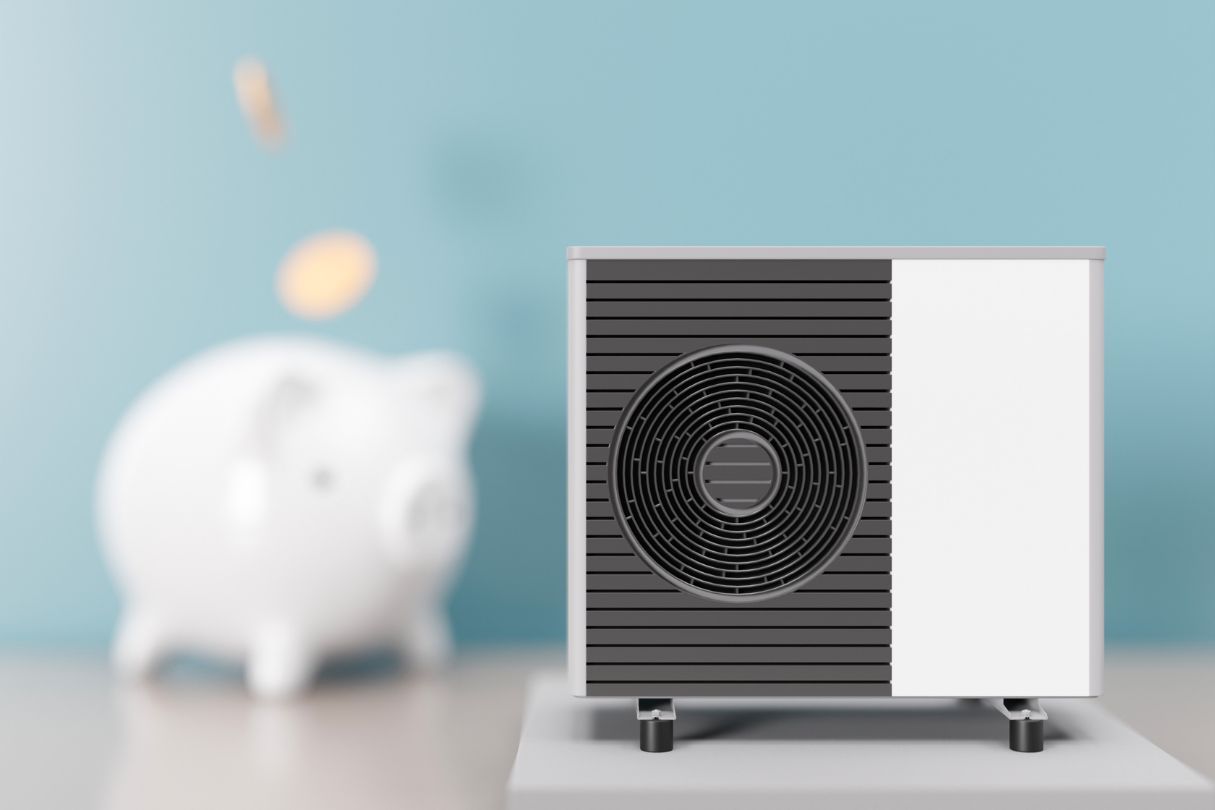 A piggy bank is sitting next to a fan on a table.