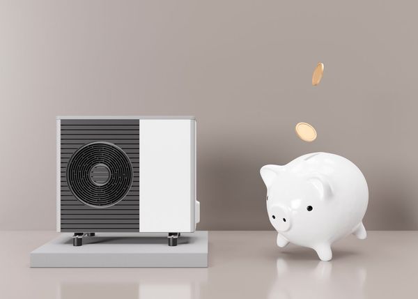 A small heat pump with a piggy bank next to it, receiving coins.