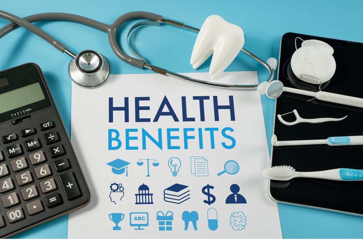 This reads 'health benefits' with medical tools, a calculator and a tooth surrounding it.