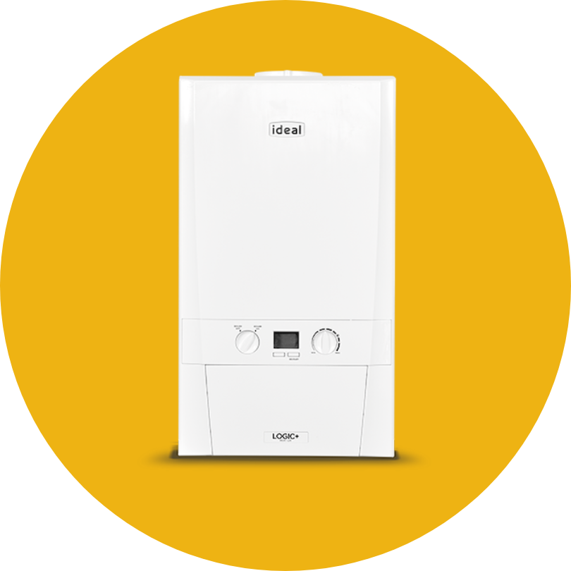 A white boiler is sitting inside of a yellow circle.