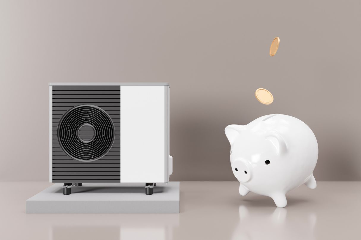 An air pump next to a piggy bank of money.
