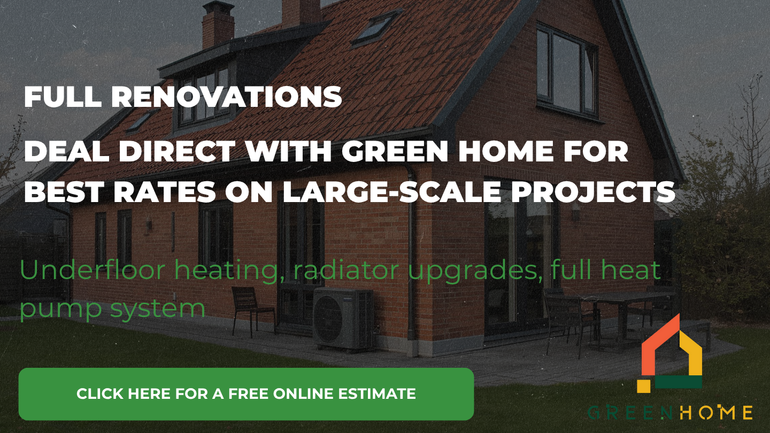Green Home renovation ad with roof background, white headline, green service list, and quote button