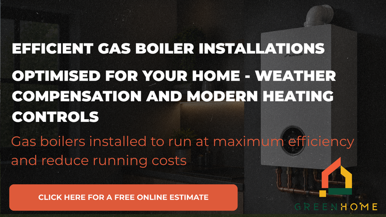 Gas boiler installation promo with orange call-to-action button and Green Home logo