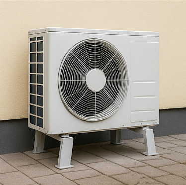 Gray air conditioning unit on a concrete patio against a beige wall.